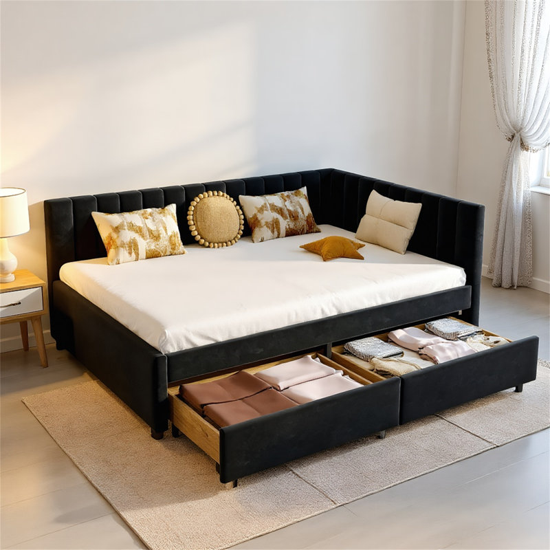 Cozy Full Size Daybed With Storage Drawers – Upholstered Corner Bed With L-Shaped Headboard – Velvet Daybed Frame For Living Room & Guest Room, Black