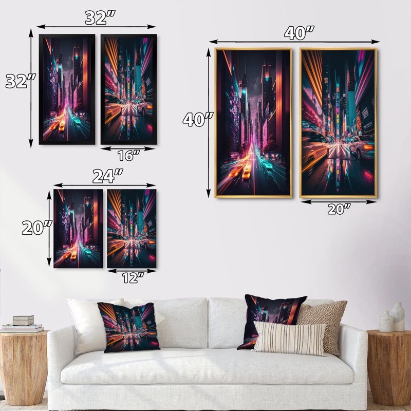 2 pièces sur toile - Futuriste New York City Neon II, H 40 po x l 40 po, Encadrement doré