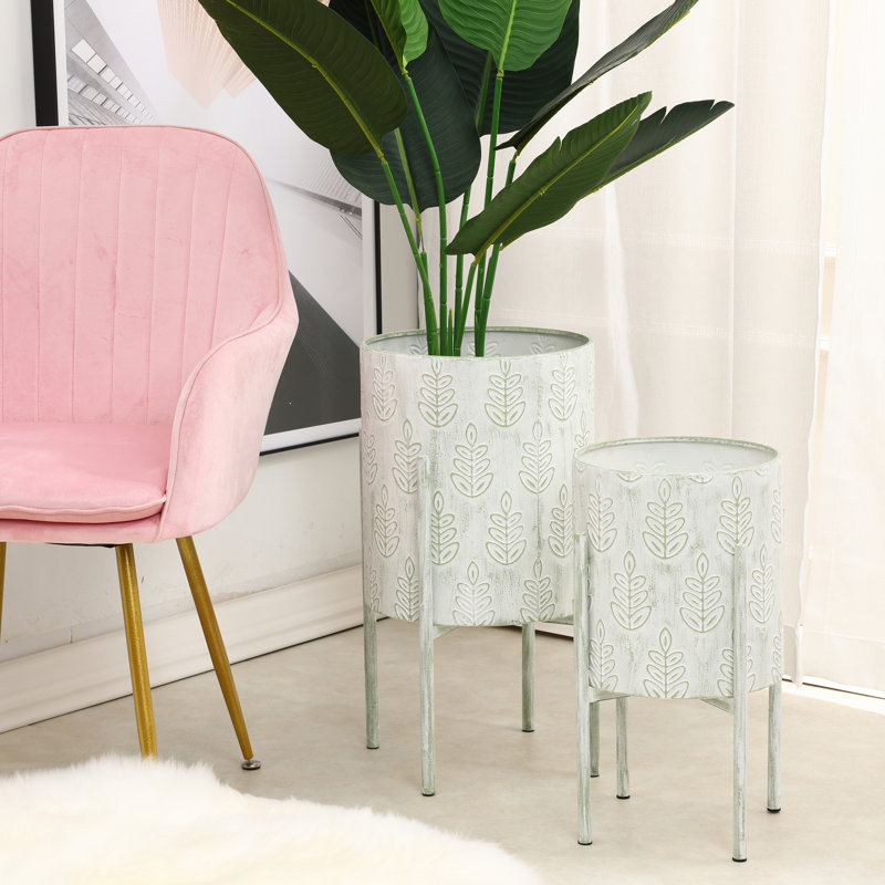 Ingund 23" Modern Metal Planter Set with Stand, White Sage Leaf Pattern Indoor Cache Pots, Set of 2