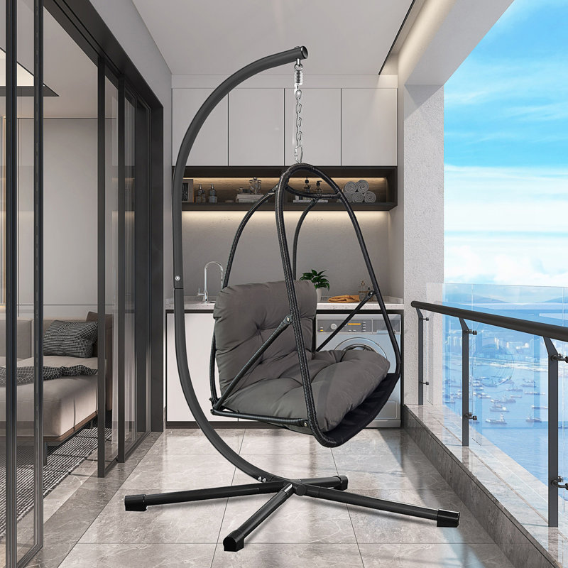 Fauteuil à œufs pivotant avec support, chaise suspendue en osier pour l'intérieur et l'extérieur, Marron foncé, Noir