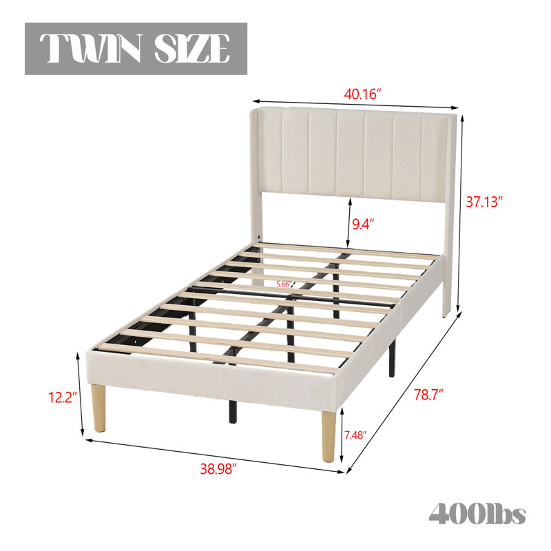Upholstered Platform Bed With Headboard, Beige, Twin
