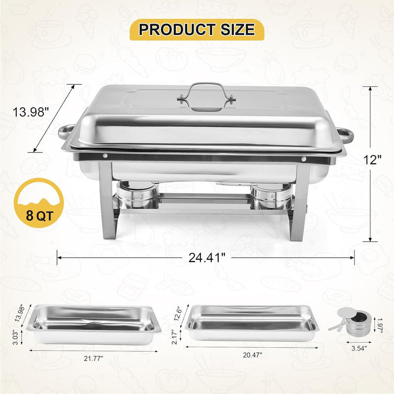 Ensemble de 2 réchauds pour ensemble de réchaud en acier inoxydable 8 pte avec couvercle, argent, Argent argent