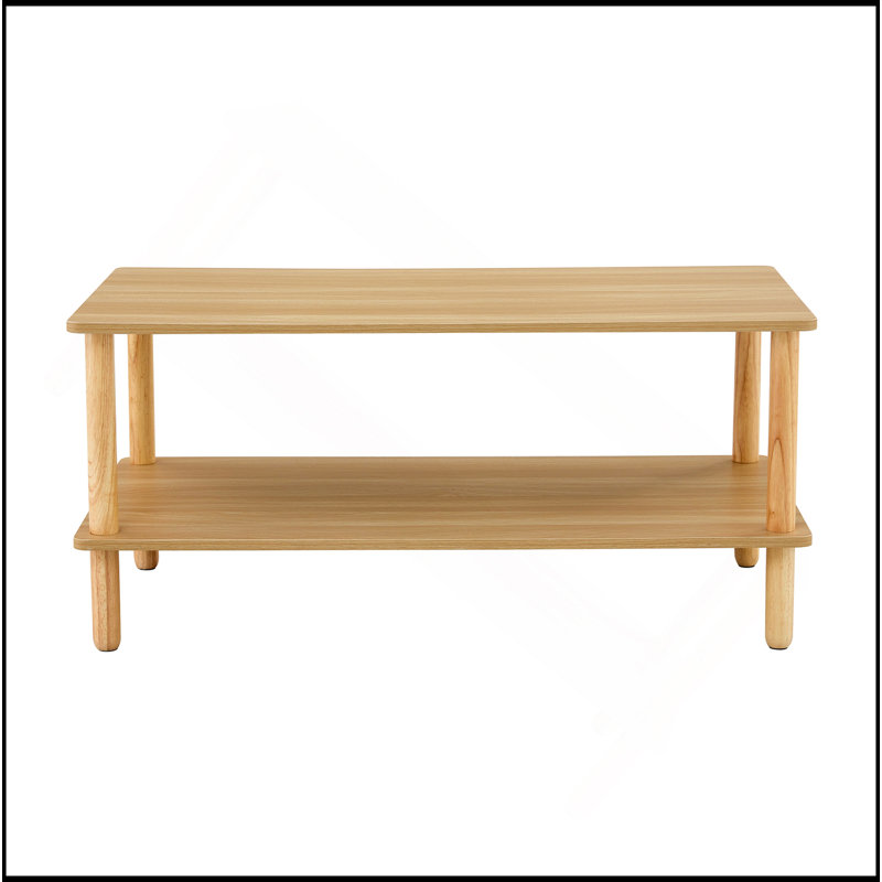 Table basse moderne à 2 niveaux avec rangement ouvert et pieds en bois d'hévéa, Bois robuste