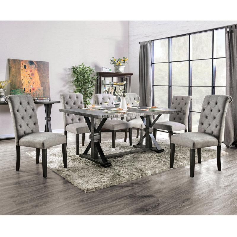 Julian 6-Person Trestle Dining Set with Upholstered Chairs, Light Gray