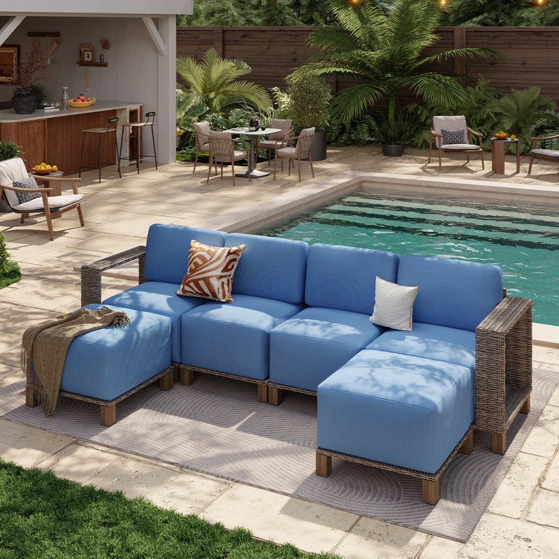 Canapé modulaire de patio 6 pièces avec coussin de 10 po et osier amélioré 6 pièces, Bleu