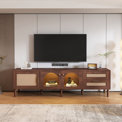 Meuble télé 70 po pour téléviseur de 80 po ou moins, meuble audio-vidéo avec lumières à DEL contrôlées par une application, 2 tiroirs et porte vitrée, console multimédia moderne pour le salon