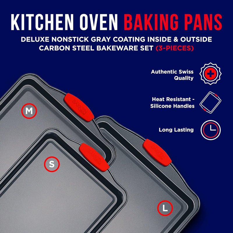 3-Piece Non-Stick Carbon Steel Baking Sheet Pan Set with Red Silicone Handles
