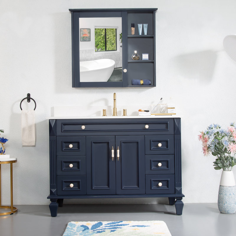 Elmmanual 35'' H X 48" W Solid Wood Bath Vanity with Stain-resistant Carrera White Quartz Top and Single Sink, Navy Blue