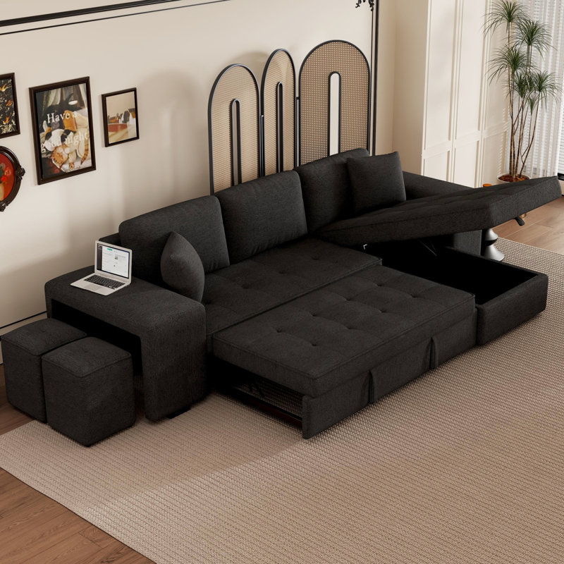 Canapé-lit d'angle moderne avec méridienne de rangement et 2 tabourets, tissu gris anthracite pratique
