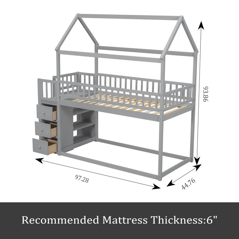TWIN/TWIN HOUSE BUNK BED WITH SHELVES AND DRAWERS, Gray