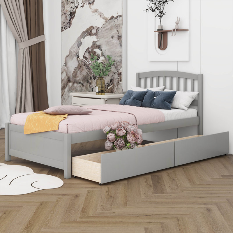Structure de lit simple avec rangement, lit plateforme en bois avec deux tiroirs et tête de lit, support à lattes en bois