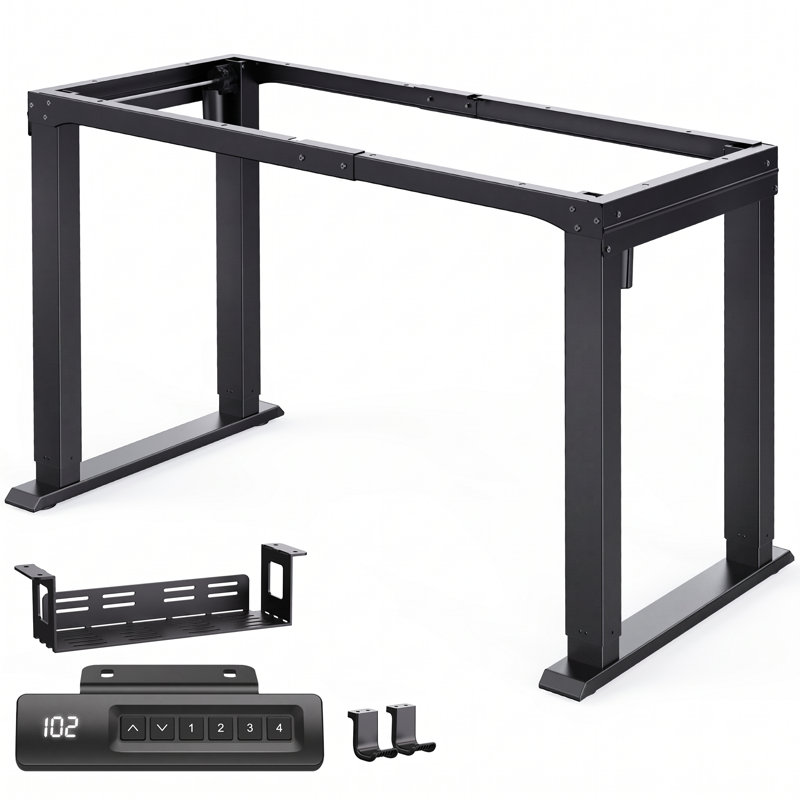 Structure de bureau électrique 4 pieds / 3 étapes à double moteur | 4 réglages de hauteur de mémoire, 25% de colonnes plus épaisses pour une stabilité accrue et un vacillement réduit, fonctionnement silencieux à deux moteurs, capacité de charge de 350 lb.