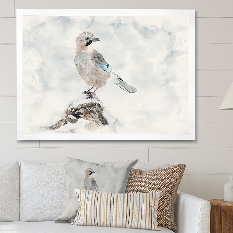 Oiseau geai blanc - œuvre d'art traditionnelle sur toile, H 16 po x l 32 po x P 1 po, Cadre photo argenté
