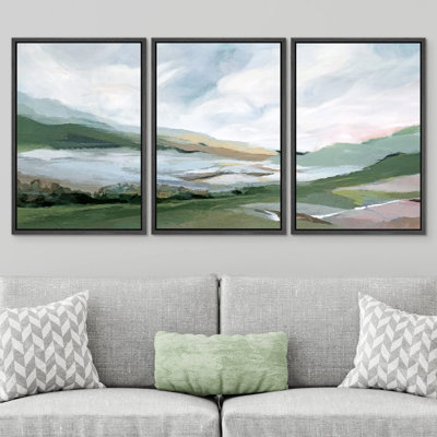 " Pastel Watercolor Cloud Sky Mountain Countryside Abstract Landscape Rustic Art Decor Scenic Bedroom " 3 - Pieces