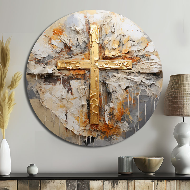 Or, croix de minimalisme religieuse - art spirituel rond en métal, H 16 po x l 16 po
