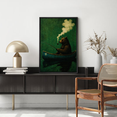 «Whimsical Bear Fishing in Blue Canoe with tuyau», reproduction d'art sur toile encadrée