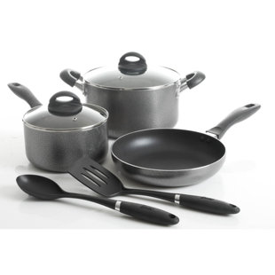 Batterie de cuisine en aluminium 7 pièces Oster Clairborne avec ustensiles de cuisine, gris anthracite avec poignée en bakélite