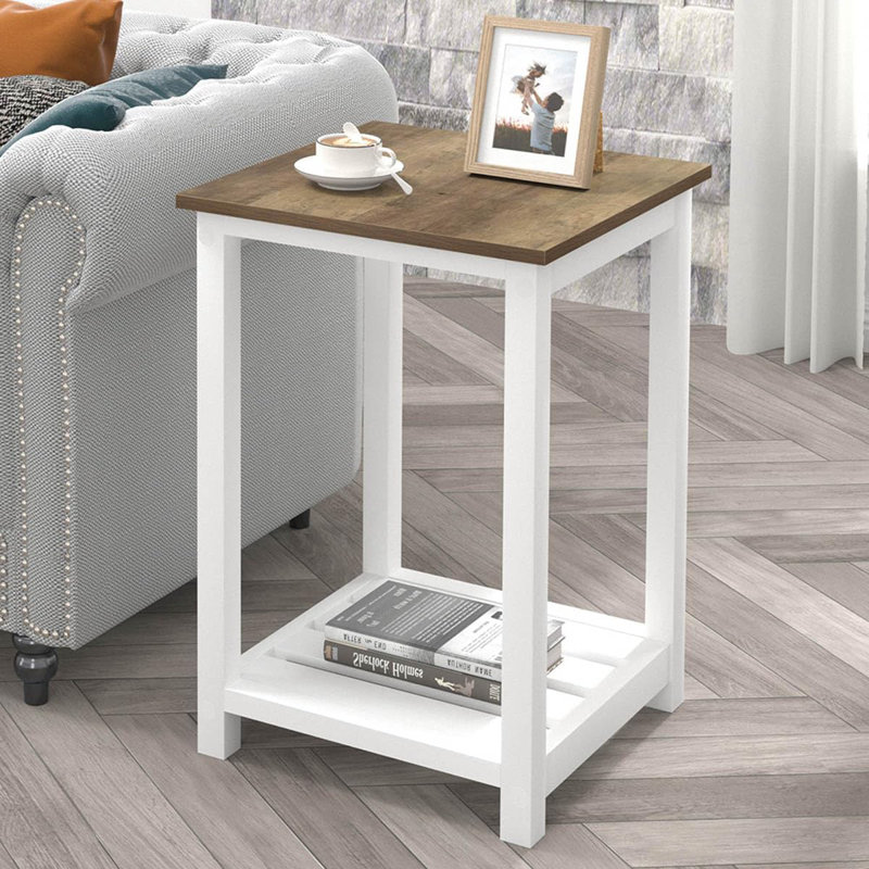 Farmhouse White Side Table With Oak Finish, Rustic End Table With Storage Shelf For Living Room Or Bedroom