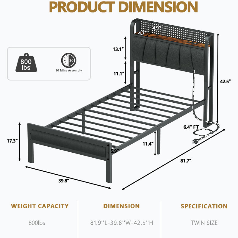 Metal Storage Bed with Upholstered Headboard, RGB LED Lights and Charging Station, Twin