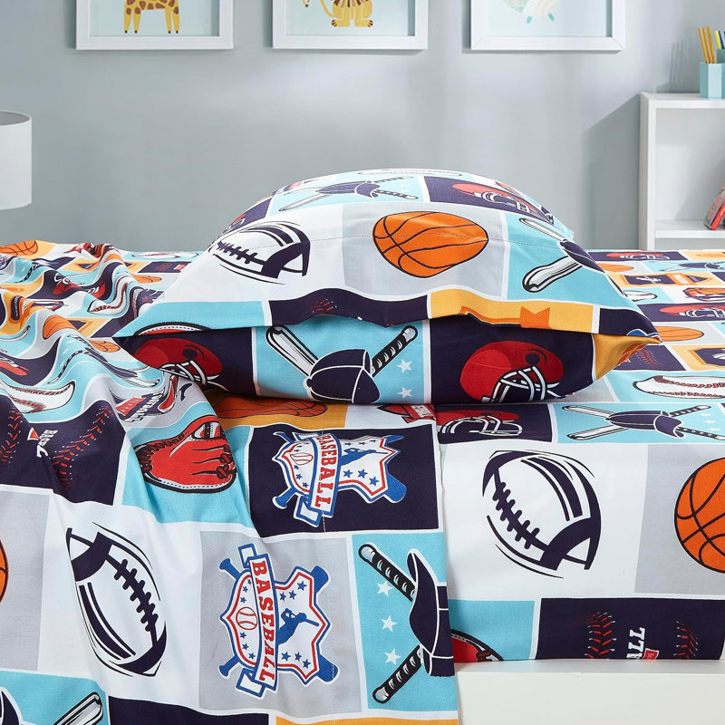 Twin White and Multicolor Sports Print Microfiber Sheet Set