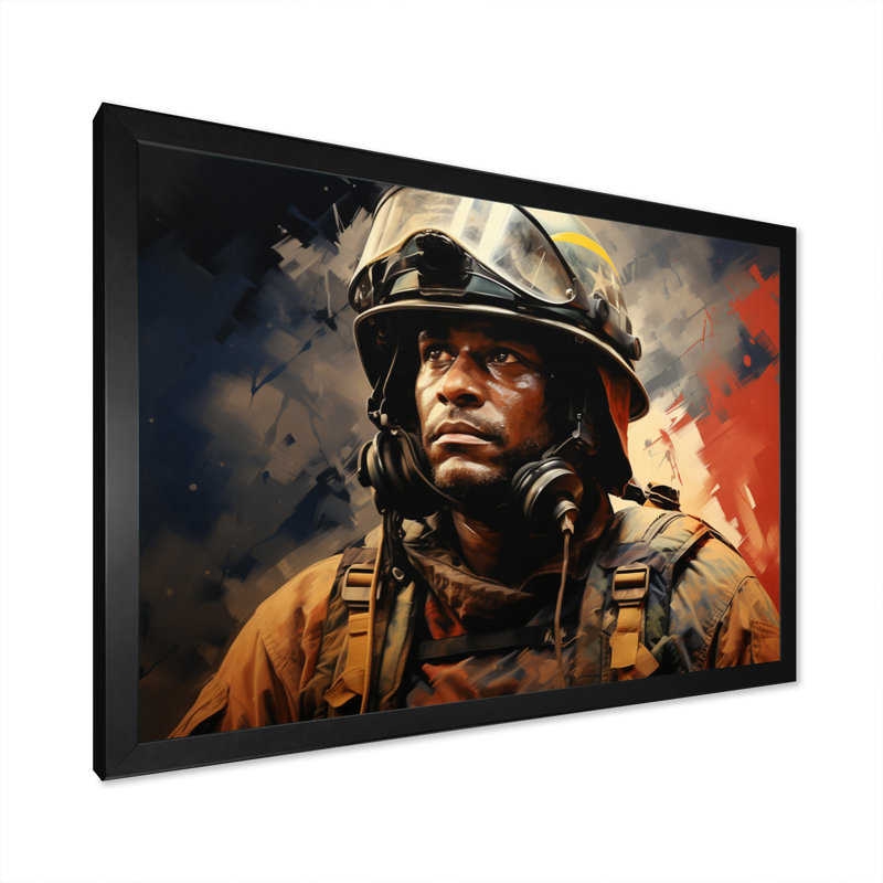 Portrait de pompier III - reproduction sur toile, H 34 po x l 44 po x P 1,5 po, Cadre simple noir