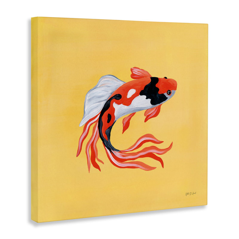 Koi coloré sur toile jaune, design par Yvette St. Amant, H 36 po x l 36 po