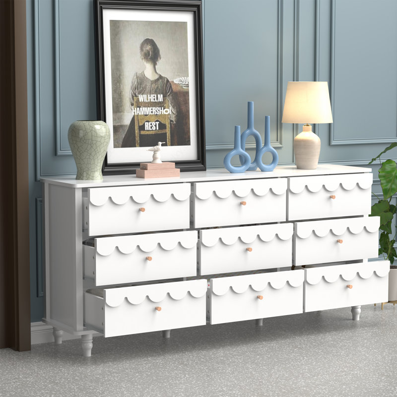 Commode de décoration florale 9 tiroirs 63,1 po, Blanc