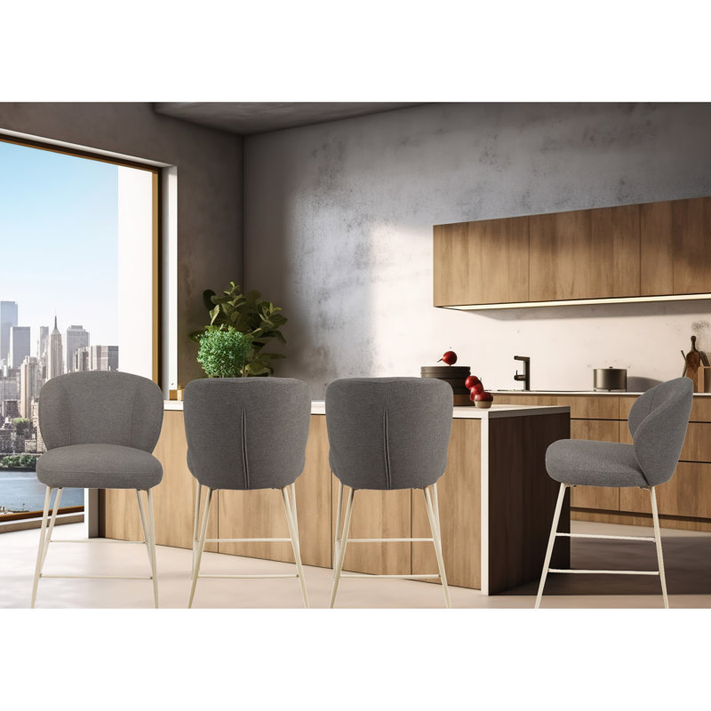 Tabouret de comptoir gris transitionnel de 2, siège rembourré rond avec rembourrage en mousse, support en métal pour le siège en tissu de la salle à manger, cadre