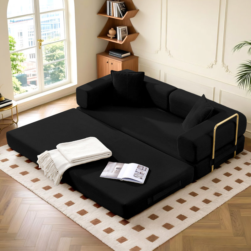 78" King Size Convertible Sleeper Sofa Bed With 2 Pillows, Corduroy Folding Mattress Couch, No Assembly Required , Floor Sofa Lounge Couch For Living Room Small Spaces