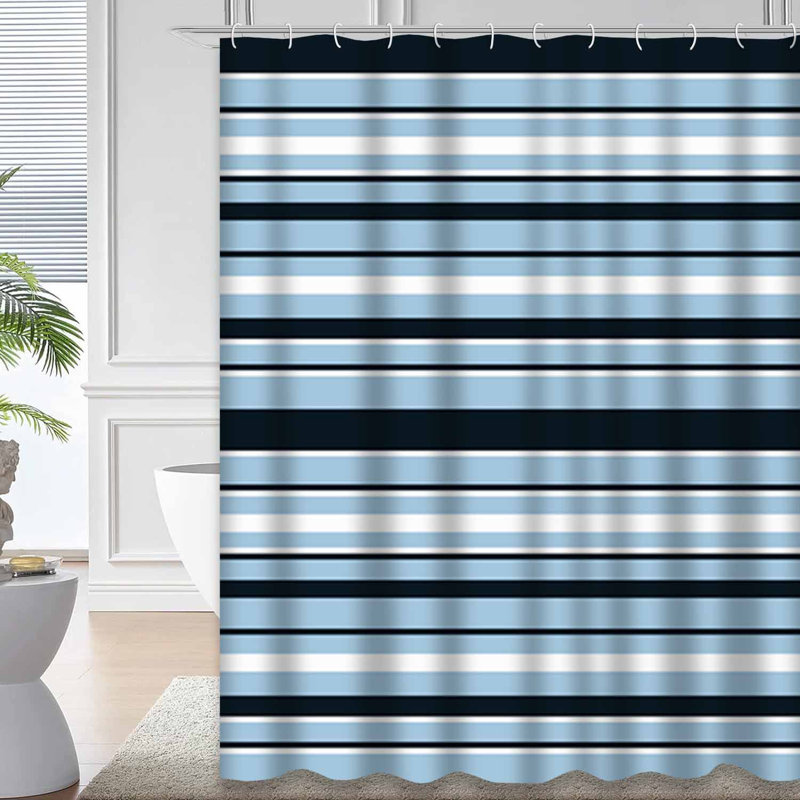 Rideau de douche rayé bleu ciel à 12 crochets, L 72 po x l 84 po