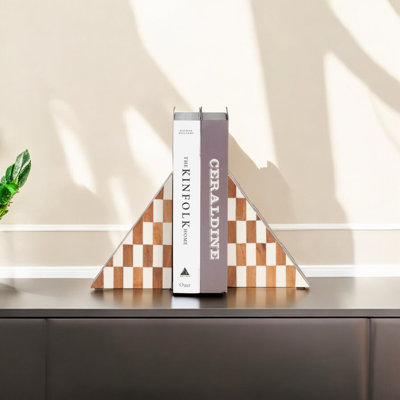 Serre-livres triangle en bois et résine à carreaux pour bureau à domicile de 2 à 7 po ivoire et brun clair