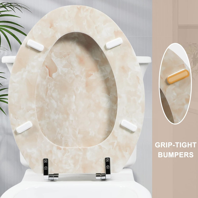 Elongated Marble Toilet Seat with Quick Install Hinges, Beige Pink