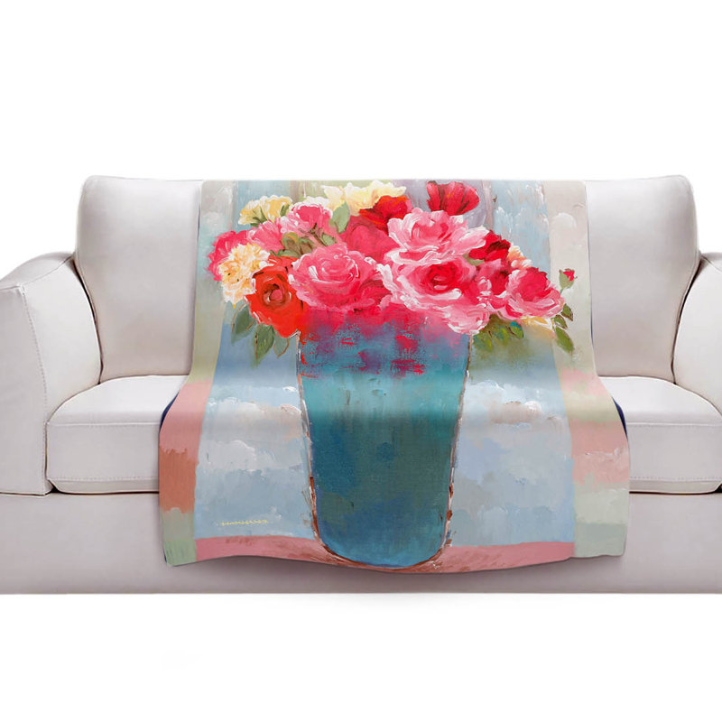 Couverture sherpa vase doux roses en bleu, l 51 po x L 60 po