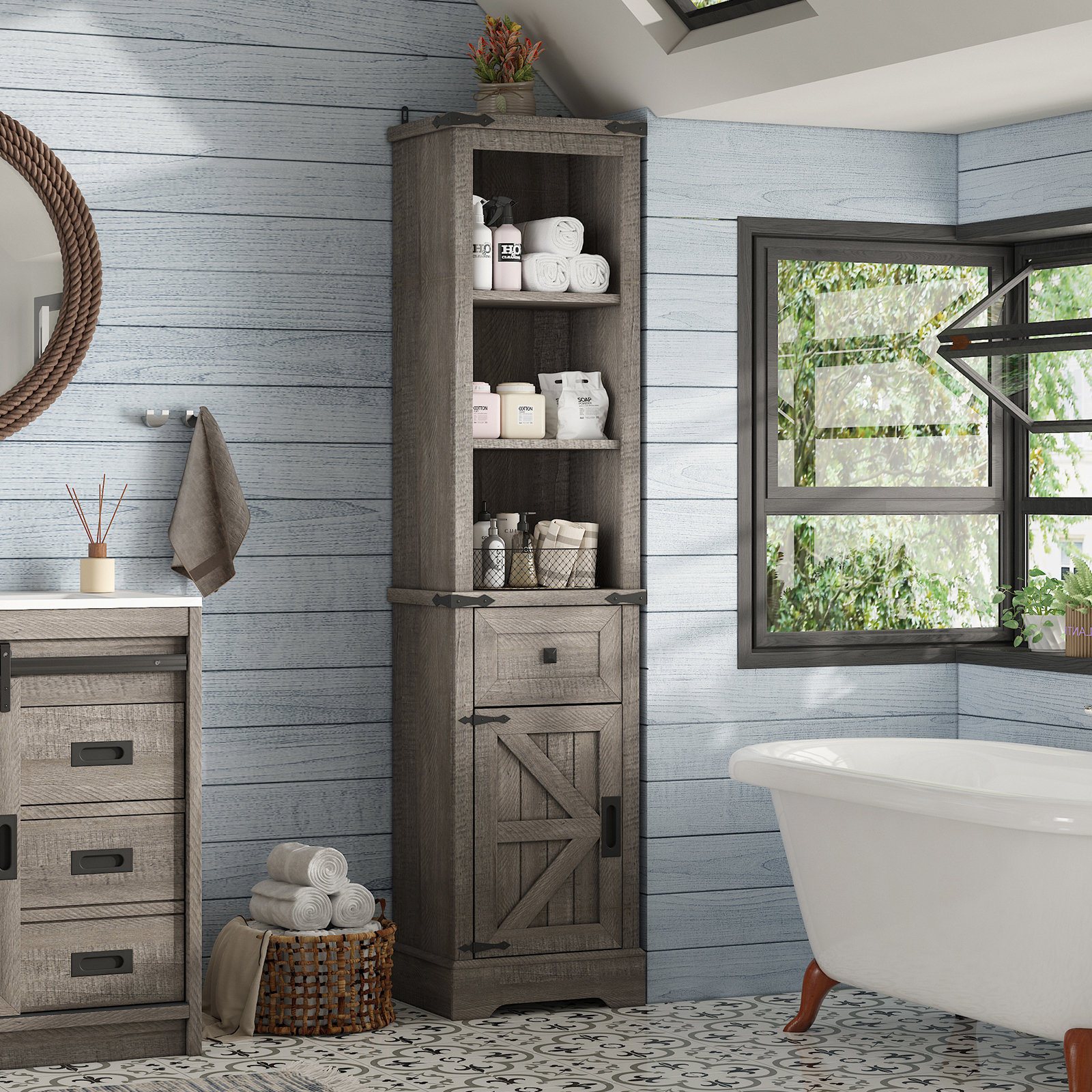 Gracie Oaks 68 H Farmhouse Bathroom Storage Cabinet with Door 5 Adjustable Shelves Drawers Gracie Oaks Finish Light Gray