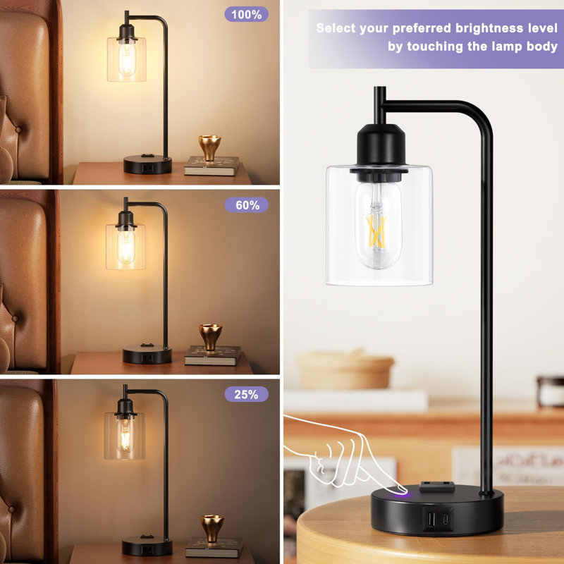Black Industrial Touch Table Lamps Set with Glass Shade