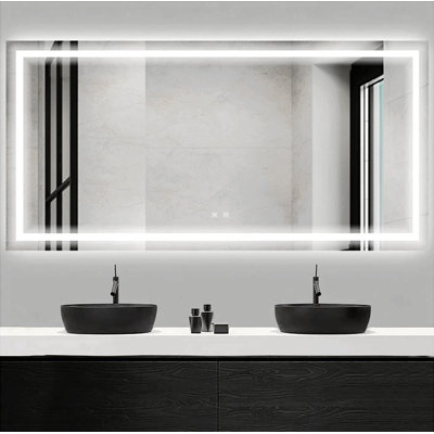 Miroir de salle de bain 72 po x 36 po rectangulaire sans cadre à DEL avec capteur tactile, antibuée et 3 options de couleur argent
