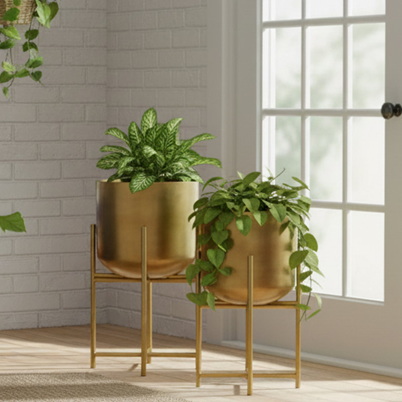 Amaratha Set of 2 Planters | 19, 22" Tall | Foldable Metal Stand | Antique Brass Finish, Antique Brass