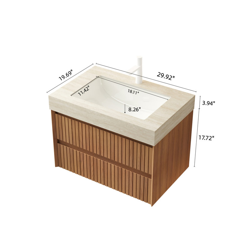 Meuble-lavabo 30 po, armoire de rangement flottante rayée en contreplaqué avec 2 tiroirs, plateau en pierre frittée à motif travertin avec vasque encastrée en céramique