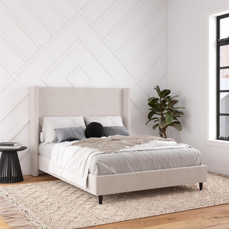 Ifigeneia Upholstered Wingback Bed, Ivory Corduroy, Queen