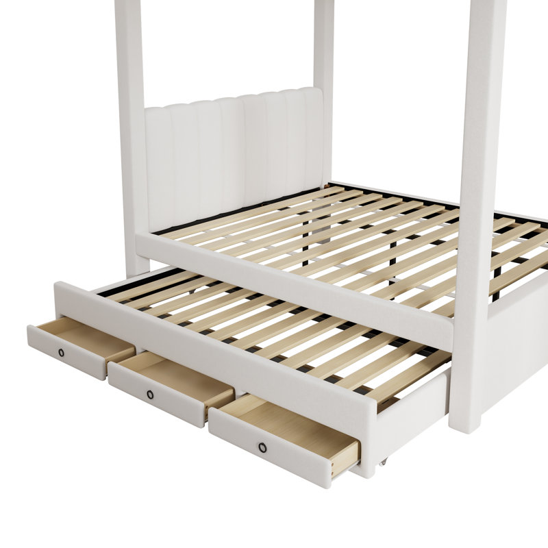 Upholstered Canopy Platform Bed with Trundle and Storage Drawers, a Stylish and Functional Choice for Your Bedroom, Beige
