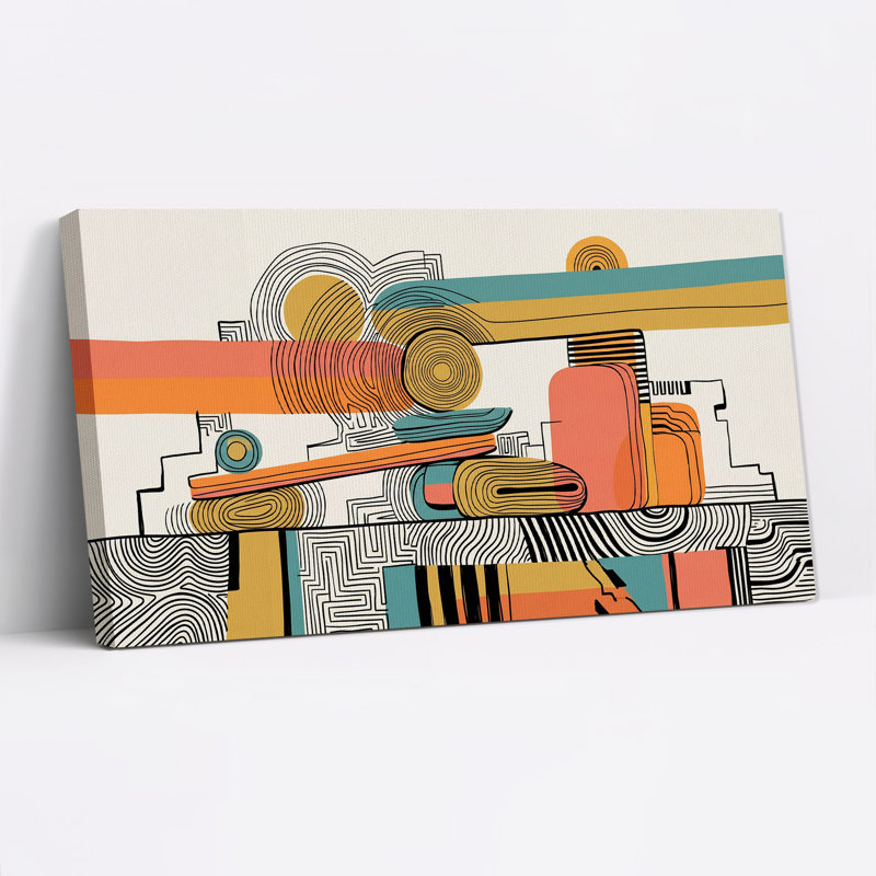Art abstrait sur toile, formes et lignes abstraites géométriques en orange et bleu sarcelle, L 32 po x H 16 po