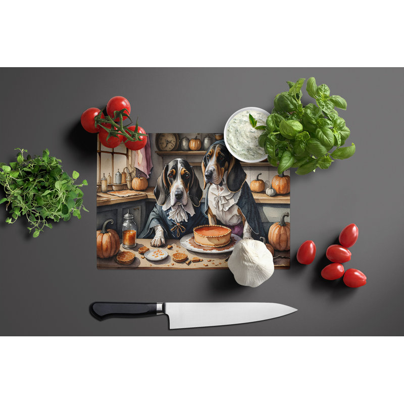 Basset Hound Fall Kitchen Pumpkins Glass Cutting Board Large