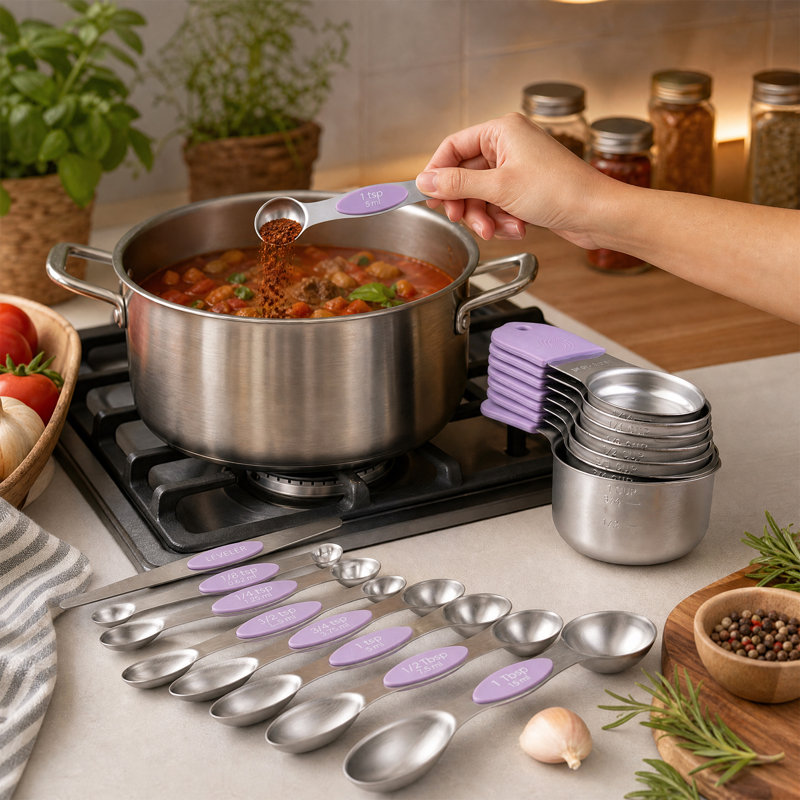 Ensemble de 16 cuillères à mesurer magnétiques en acier inoxydable, à double échelle gravées avec poignées en silicone et niveleur pour la préparation de la cuisine