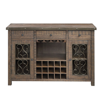 Desserte en finition cerisier patiné - 15 supports à vin, 4 supports, un grand espace pour les objets décoratifs avec porte-gobelet et support pour 15 bouteilles, intérieur élégant, plateau de table épais de 35 mm, bois synthétique