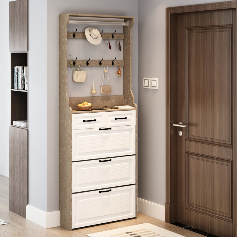 Armoire de rangement pour chaussures à 3 tiroirs et 2 tiroirs de couleur chêne neuf - grande capacité, blanc Pb +, style antique américain pour l'espace de vie