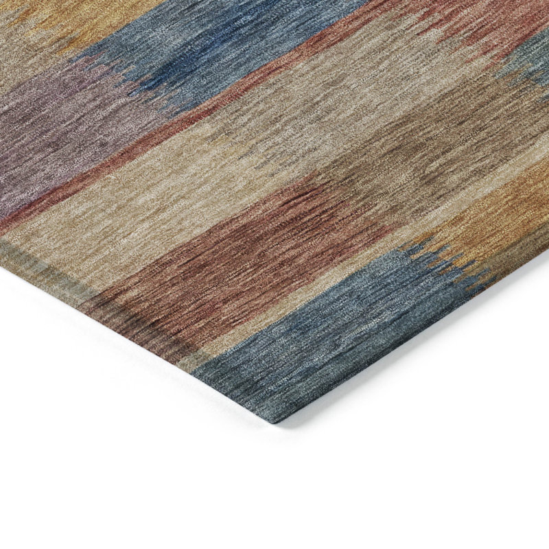 Tapis intérieur lavable à rayures bleues et dorées 5 pi x 8 pi beige