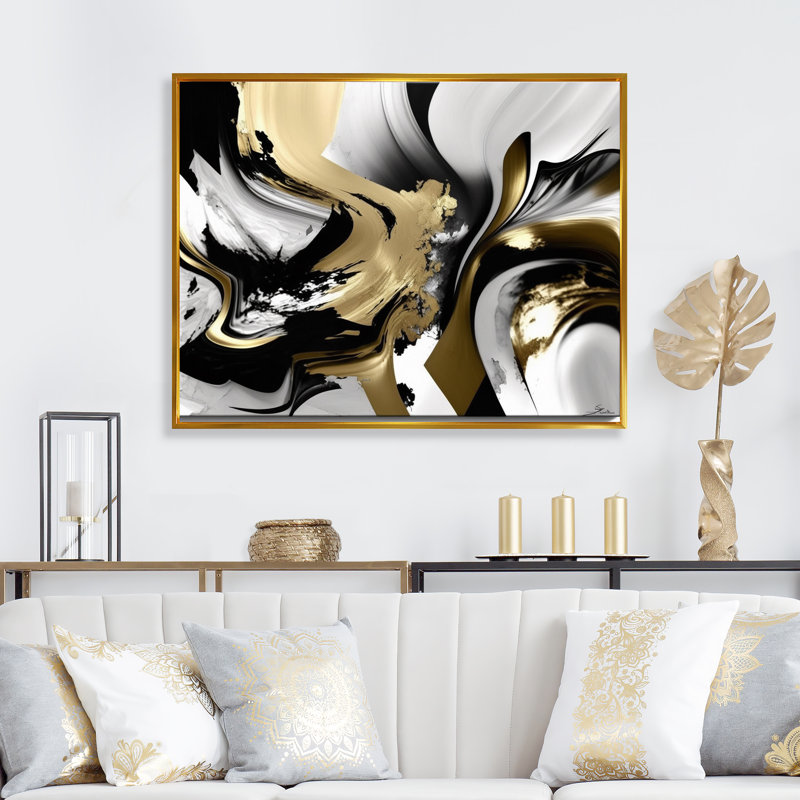 Golden Wave Reflections II - Art mural encadré abstrait, H 24 po x l 32 po x P 1 po, Cadre flottant doré