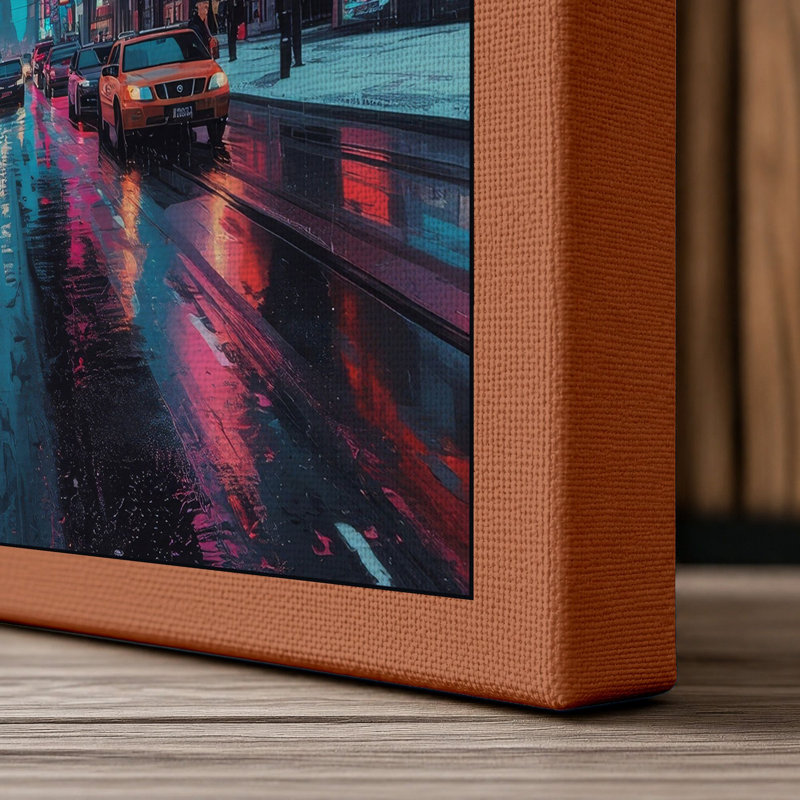 Neon City Rain Modern - Wrapped Canvas, 36x24 - 91.4 x 61.0 cm, Terracotta Border