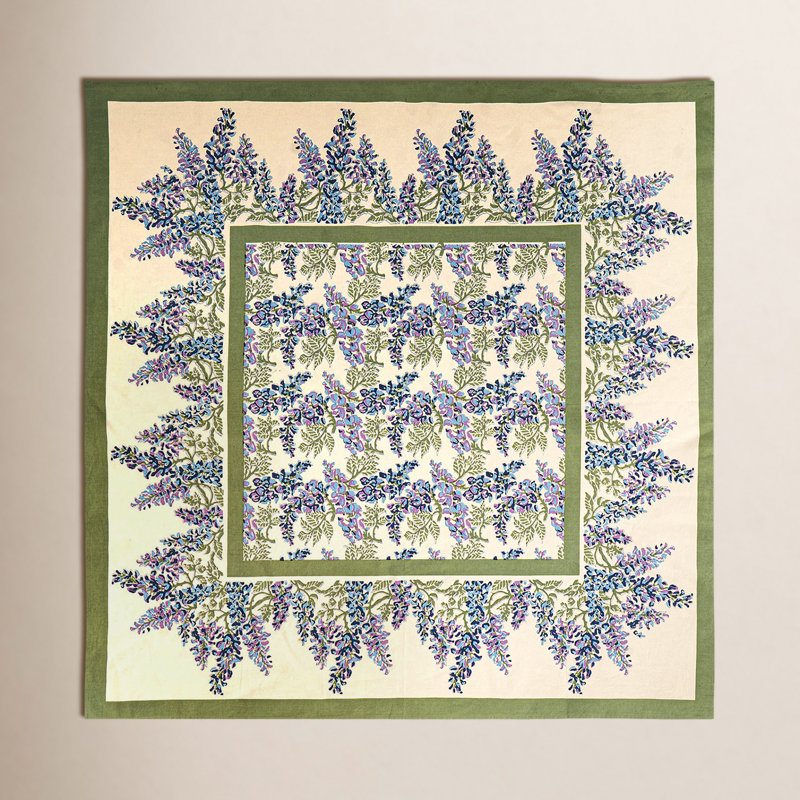 Wisteria Handmade Floral Tablecloth, 59" x 59", Blue/Green