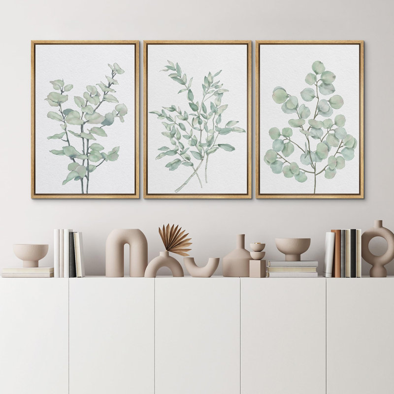 " Greenest Plant Leaves Botanical " 3 - Pieces on, 36" H x 24" W, Natural
